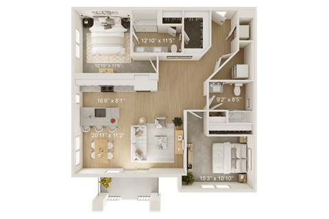 A floor plan of a small apartment with a kitchen, living room, and two bedrooms.