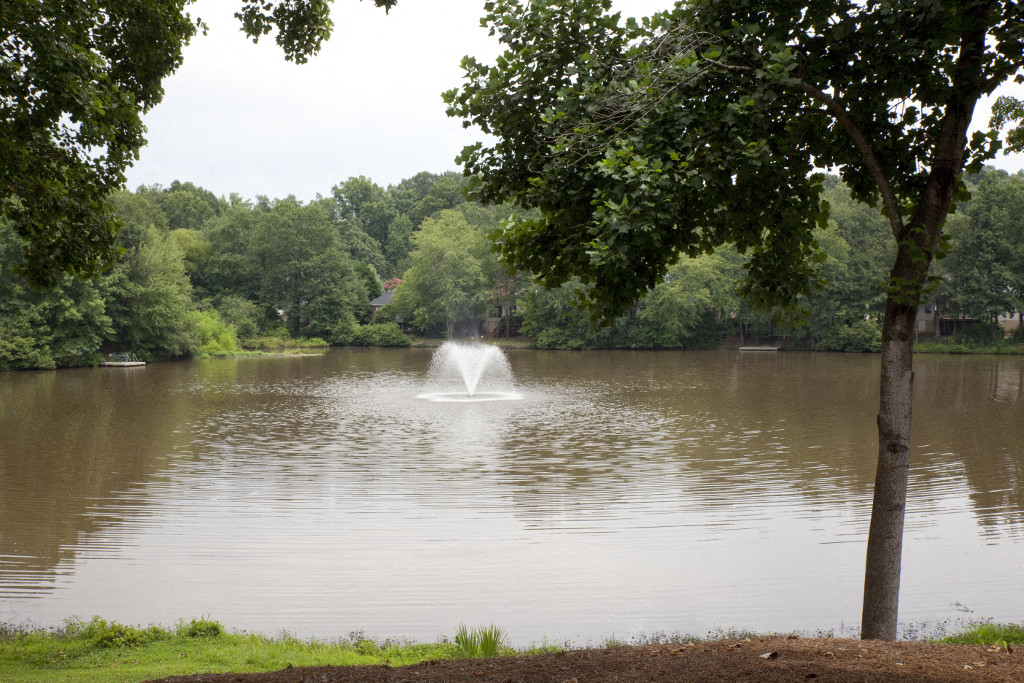 a fountain in the middle of a lake