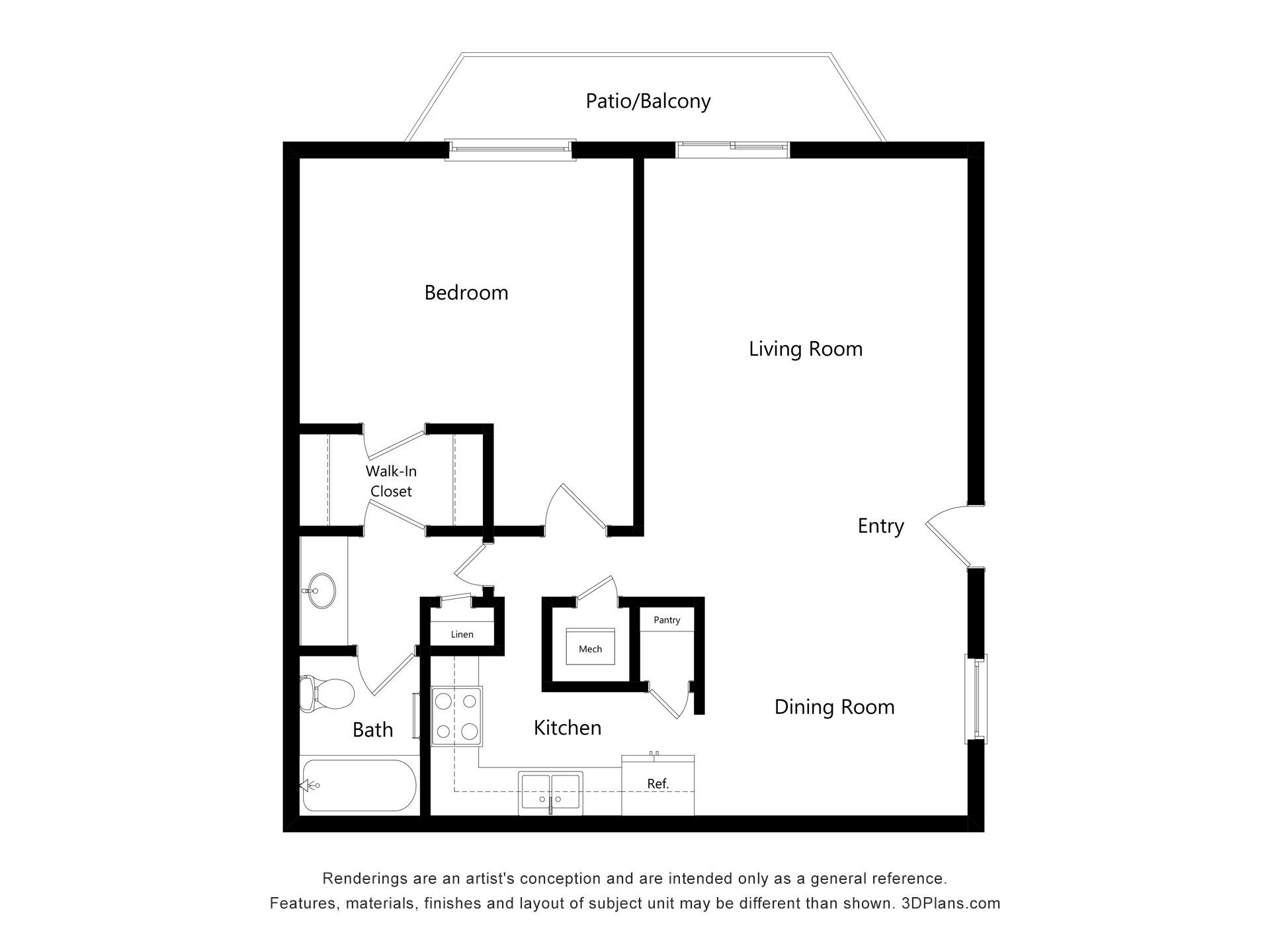 A floor plan of a house with a living room, dining room, kitchen, bath, bedroom and patio/balcony.