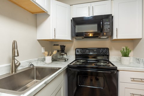 a kitchen with black appliances and a sink and a microwave