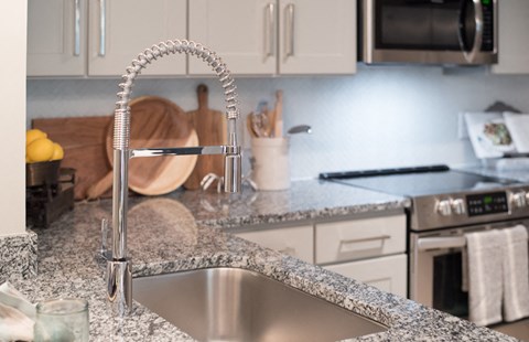 a kitchen with a sink and a faucet in it