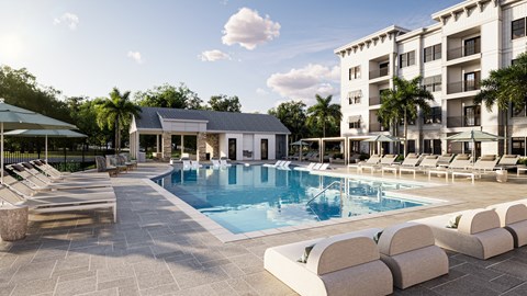 a swimming pool in front of an apartment building