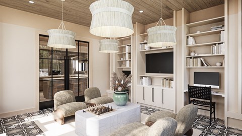 a living room with chairs and a table and a television