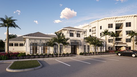 a rendering of an apartment building with a parking lot