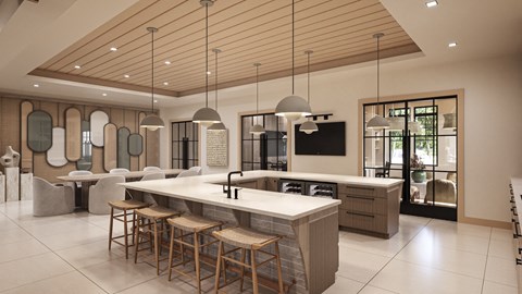 a large kitchen with a large island and chairs