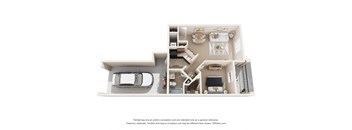 a stylized floor plan with a car and a bedroom