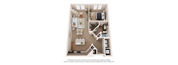 a stylized floor plan with a bedroom and a living room