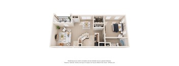 a stylized floor plan with a bedroom and a living room