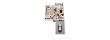 a stylized floor plan with a car in the garage