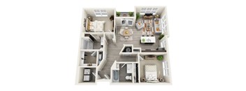 A top-down view of a small apartment layout with a kitchen, living room, and bedroom.