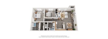 A 3D floor plan of a house with a kitchen, living room, and bathrooms.