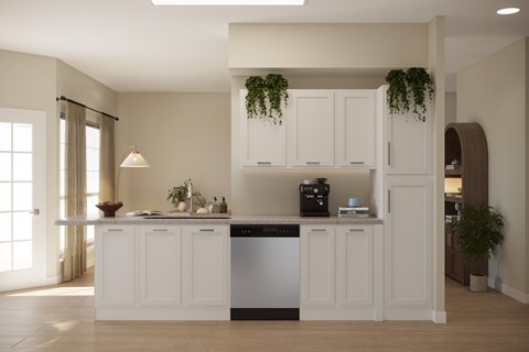 A kitchen with white cabinets and a dishwasher.
