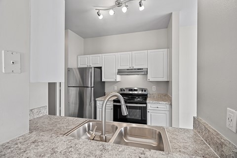 A kitchen with a stainless steel refrigerator, oven, and sink at Hawthorne Bridford in Greensboro, NC