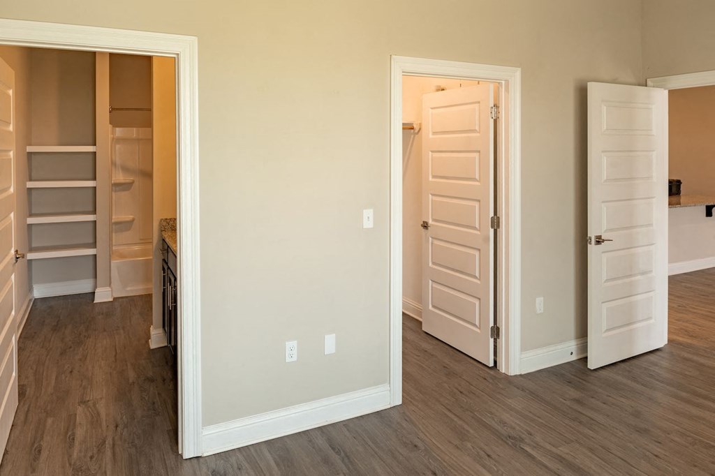 a bedroom with a closet and an open door