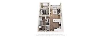 A 3D floor plan of a small apartment with a kitchen, living room, and bathroom.