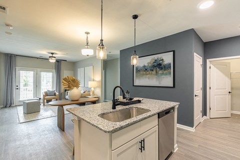 a kitchen and living room with blue walls and a sink