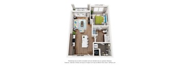 A 3D floor plan of a small apartment with a kitchen, living room, and bathroom.