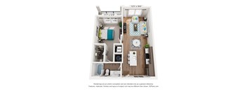 A floor plan of a small apartment with a kitchen, living room, and bathroom.