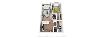 A 3D floor plan of a small apartment with a kitchen, living room, and bedroom.