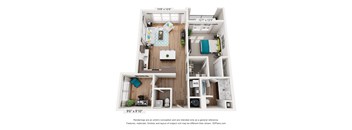 A 3D floor plan of a small apartment with a kitchen, living room, and bedroom.