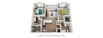 A 3D floor plan of a small apartment with a kitchen, living room, and bedroom.