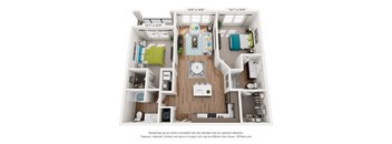 A 3D floor plan of a small apartment with a kitchen, living room, and bedroom.