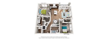 A 3D floor plan of a small apartment with a kitchen, living room, and bathroom.