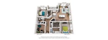 A 3D floor plan of a small apartment with a kitchen, living room, and two bedrooms.
