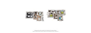 A 3D floor plan of a two bedroom apartment.