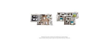 A 3D floor plan of a house with two bedrooms, a living room, a kitchen, and a bathroom.