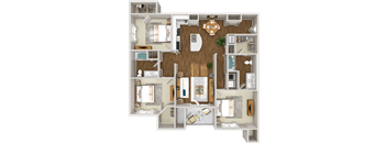 A 3D floor plan of a house showing a kitchen, living room, and two bedrooms.