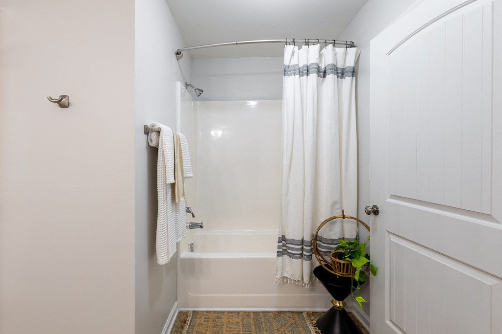 a white bathroom with a shower and a plant in it
