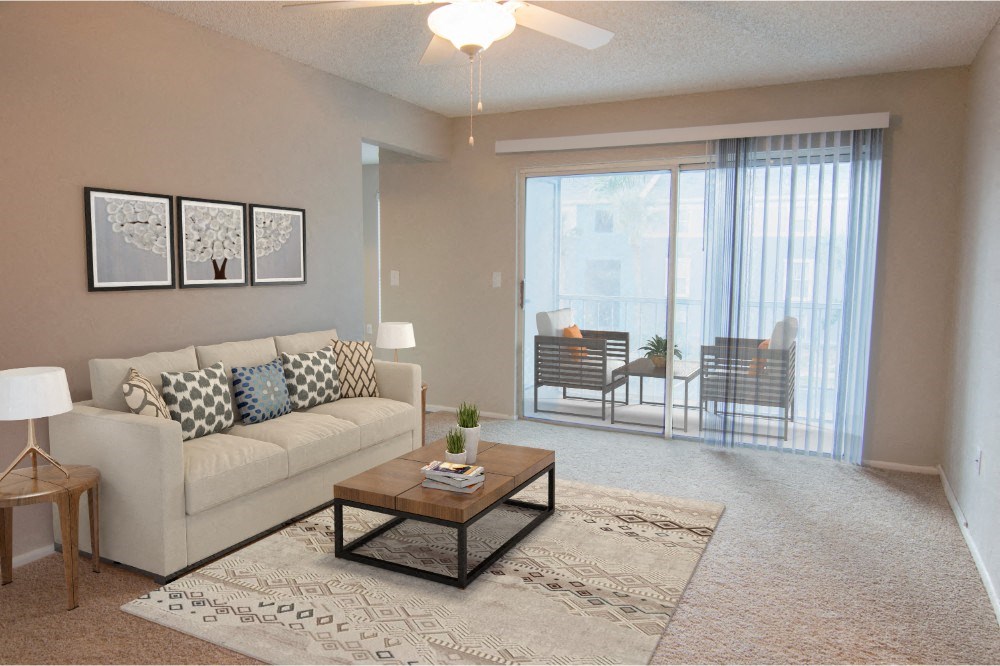 a living room with a couch and a coffee table