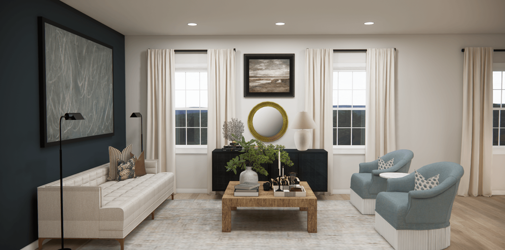 a living room with a white couch and a coffee table