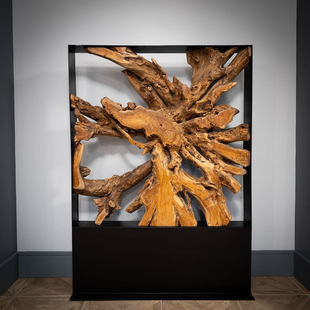 a large piece of driftwood in a glass exhibit