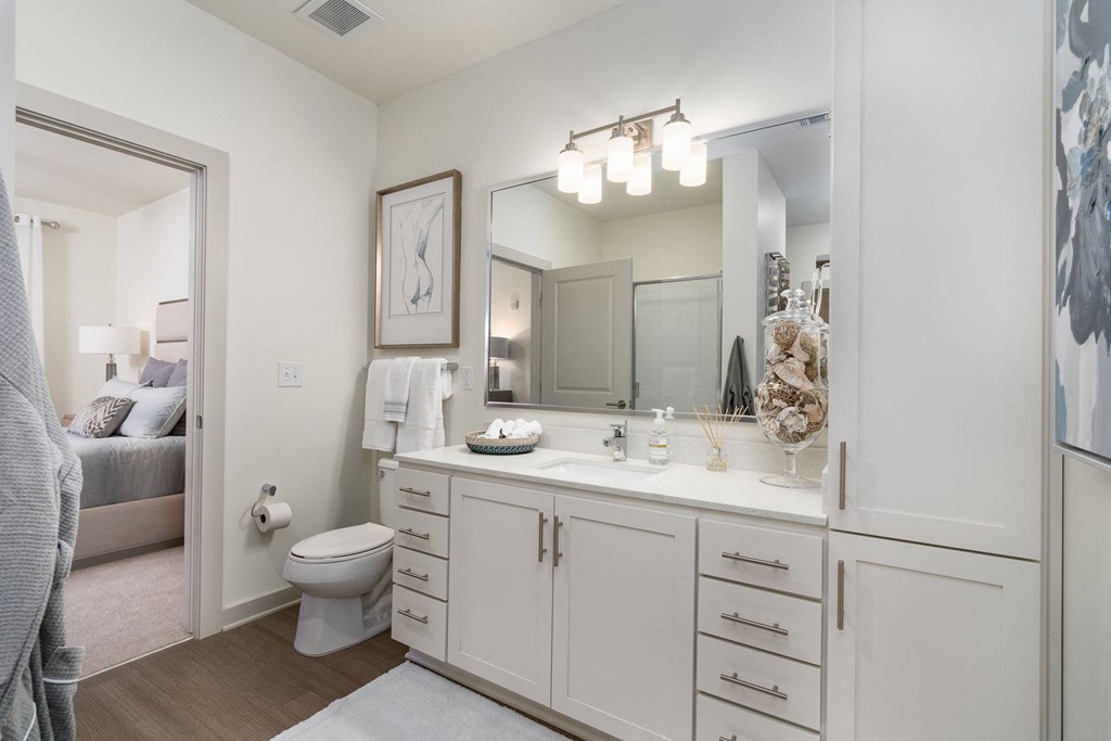 a bathroom with a large mirror and a toilet