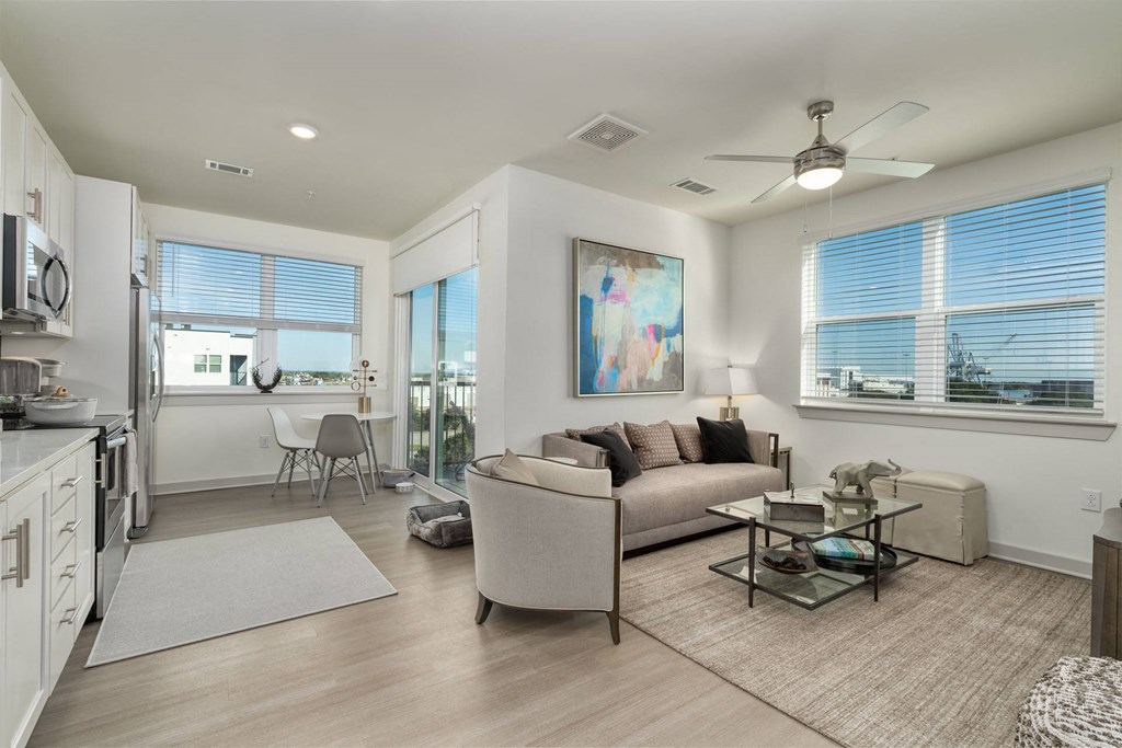 a living room with a couch and a table