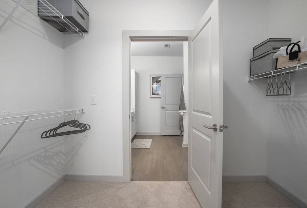a walk in closet with white walls and a closet door open to a white hallway