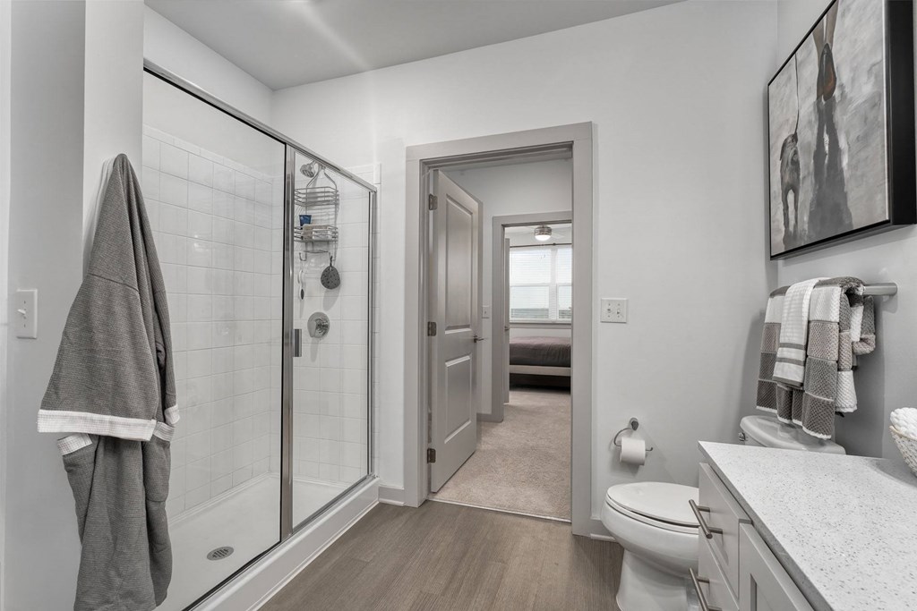 a bathroom with a shower and a sink and a toilet