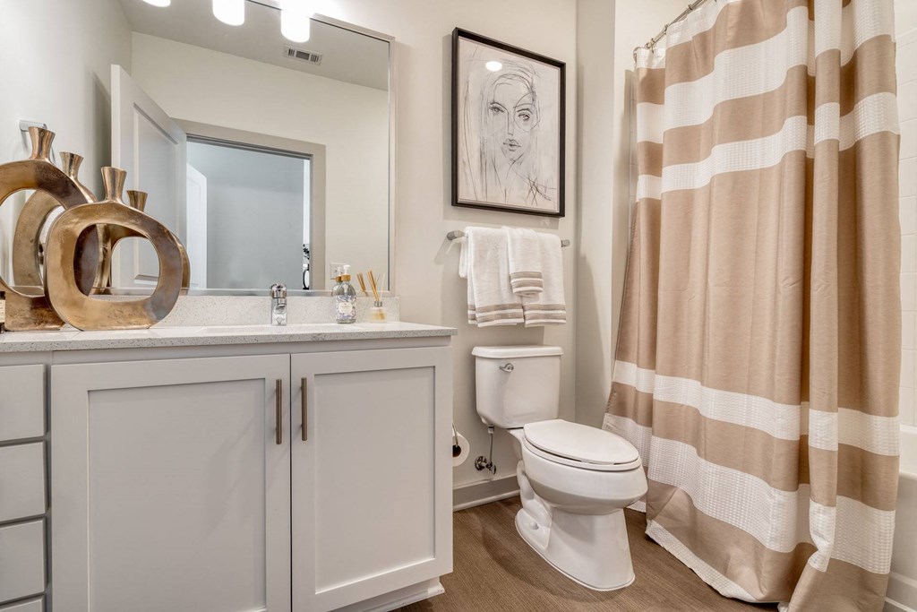 a bathroom with a shower curtain and a toilet