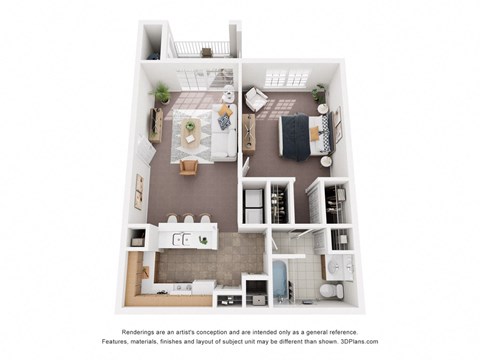 a stylized floor plan with a bedroom and a living room