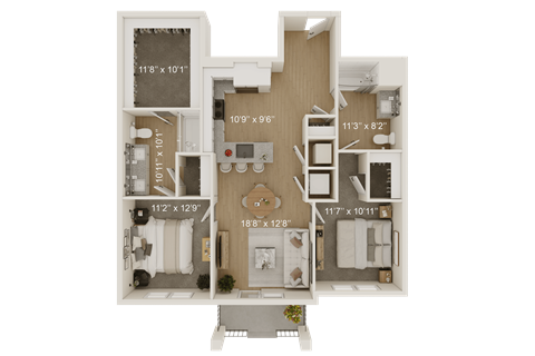 A 3D floor plan of a house with labeled dimensions.
