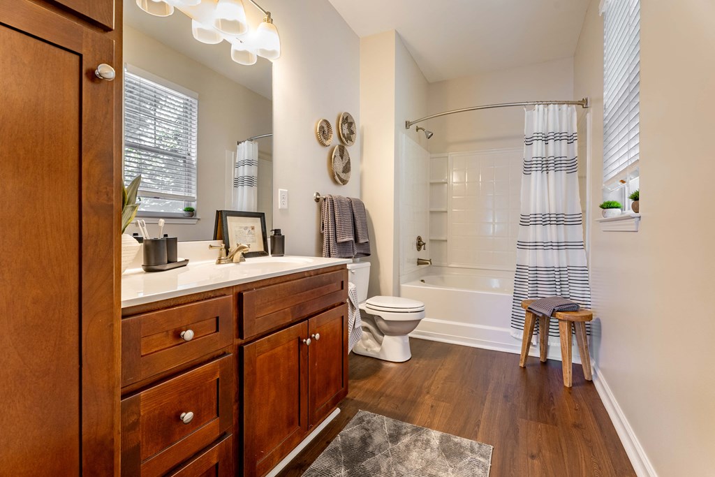 a bathroom with a shower toilet and sink and a mirror