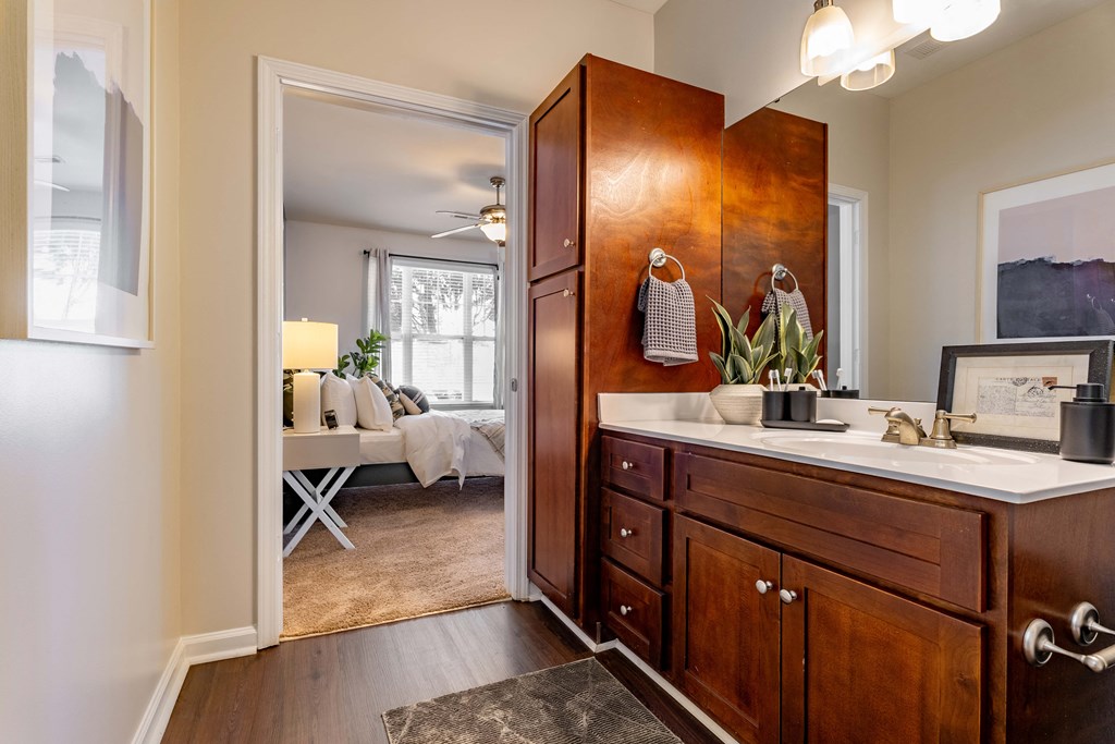 a bathroom with a sink and a wooden cabinet