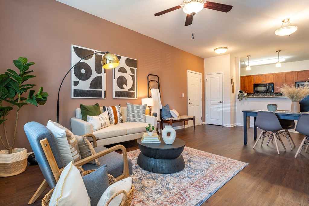 a living room with a couch and a table