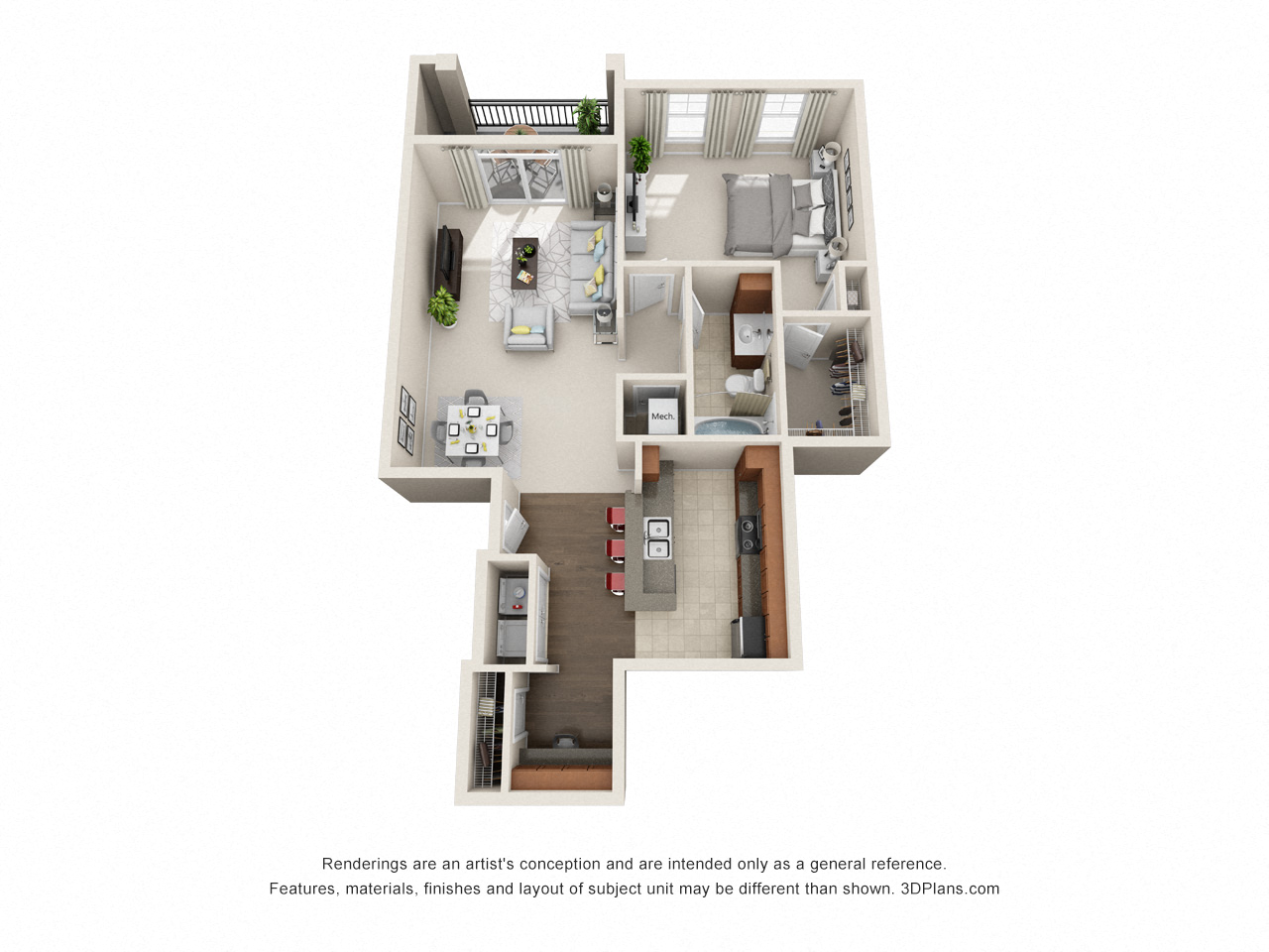 3D rendering of a one bedroom apartment at Main Street Square