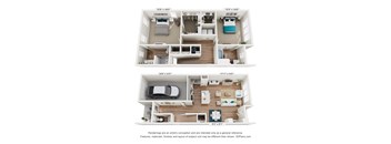 A floor plan of a two-bedroom apartment with a living room, kitchen, and bathroom.