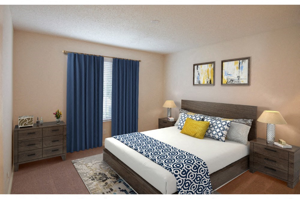 a bedroom with a bed and a window with curtains