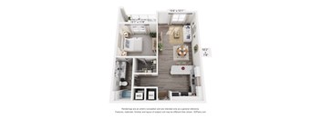 A floor plan of a two-bedroom apartment with a living room, kitchen, and bathroom.