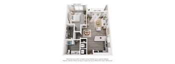 A 3D floor plan of a small apartment with a kitchen, living room, and bedroom.